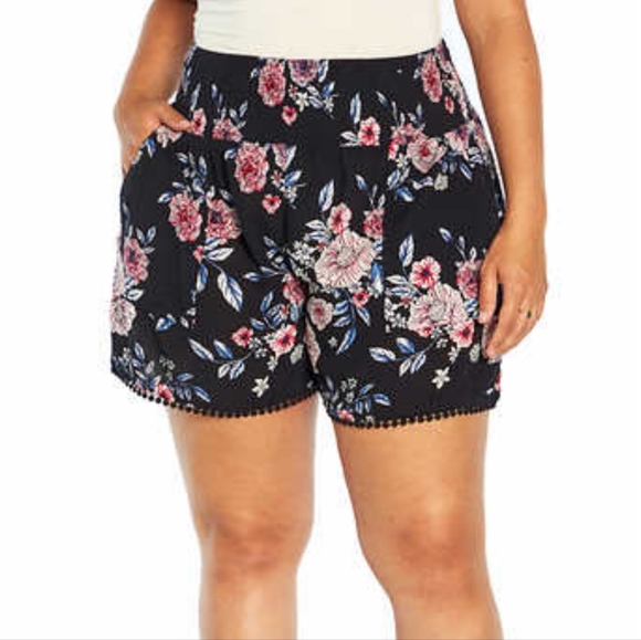 Three Dots Pants - Three Dots Ladies' Printed Black and Pink Floral Shorts with Crochet Trim Detail